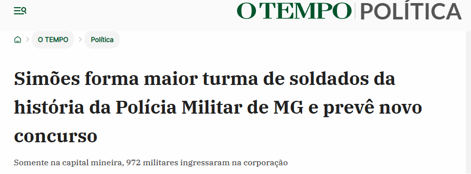 Manchete do jornal O Tempo: Simões forma maior turma de soldados da história da Polícia Militar de MG