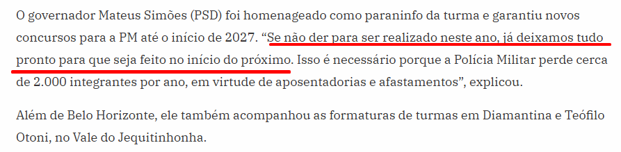 Trecho da matéria do O Tempo sobre o anúncio de novo concurso para a PMMG